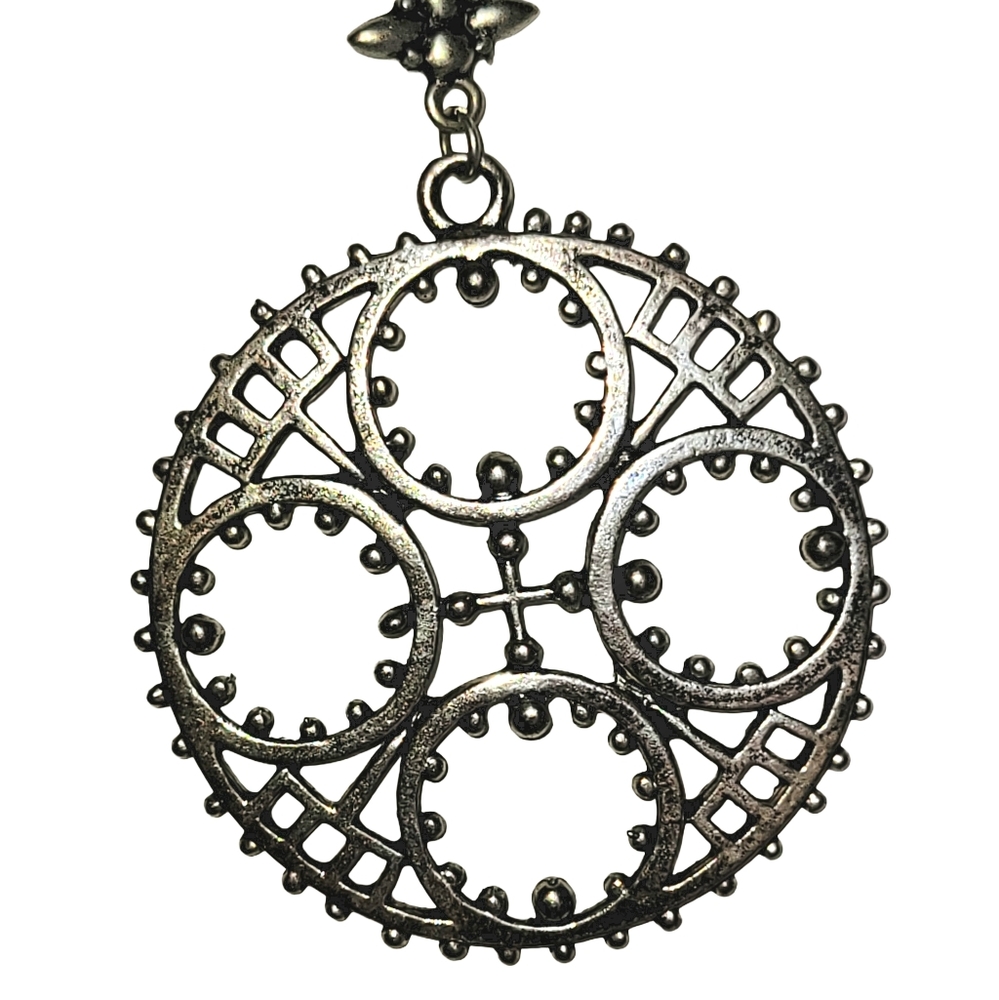 Silvertone Steampunk Gear-Themed Industrial Look Dangle Pierced Earrings - Picture 5 of 5
